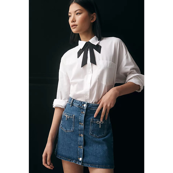 Maeve High Waisted Button-Front Denim Bow A-Line Mini Skirt Blue Women's Size 6 - Picture 1 of 8